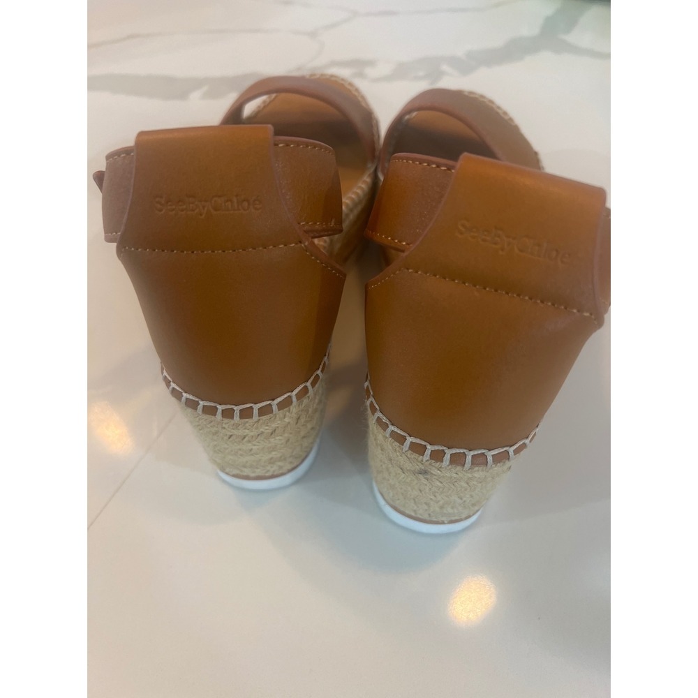 See By Chloe Tan Leather Espadrille Wedge Sandals Ankle Strap Platform 37 size 7 - Picture 2 of 4